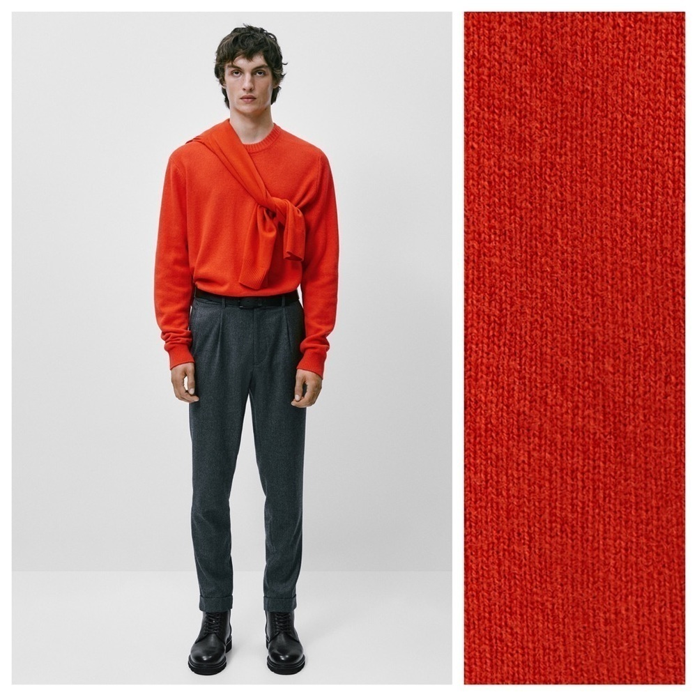 NWT. Massimo Dutti Man Orange Merino Wool/Cashmere Crew Neck Sweater. Size M.